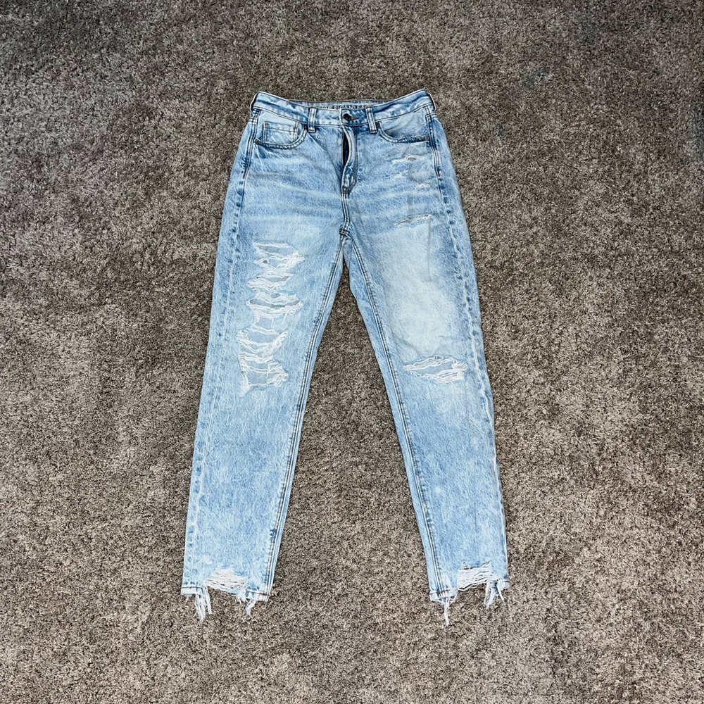 Whitewashed Blue Mom Jeans with Holes
